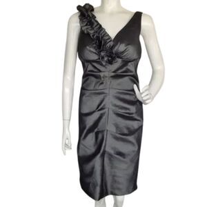 XSCAPE Evening Dress, S, Gunmetal Silver-Gray, Ruffle shoulder, Sleeveless